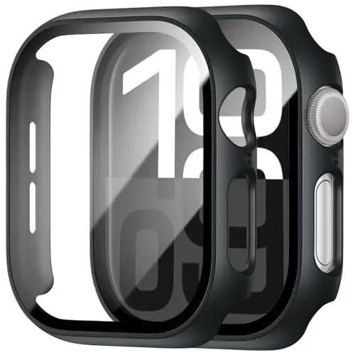 BHARVEST Apple Watch Series 10 42mm uchun 2 dona g‘ilof, ekran himoyachisi, qattiq kompyuter g‘ilofi, temperlangan shisha ekran himoyachisi, pufakchasiz qoplama, ingichka HD ultra yupqa bamper Apple Watch 10 42mm uchun, qora 
