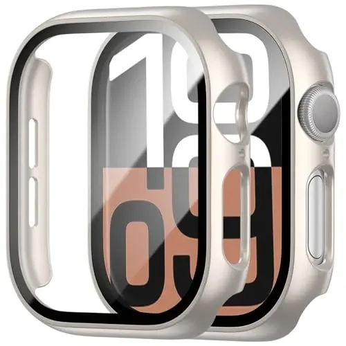 BHARVEST Apple Watch Series 10 46mm uchun 2 dona g'ilof, ekran himoyachisi, yupqa qattiq kompyuter g'ilofi, temperli shisha ekran himoyachisi HD Ultra yupqa pufaksiz qopqoq Apple Watch 10 46mm uchun, Starlight - BHARVEST