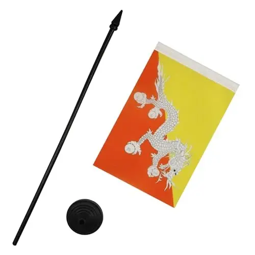Bhutan Table Flag 4'' x 6'' - Bhutanese Desk Flag 15 x 10 cm. - Black plastic stick and base - AZ FLAG - 3