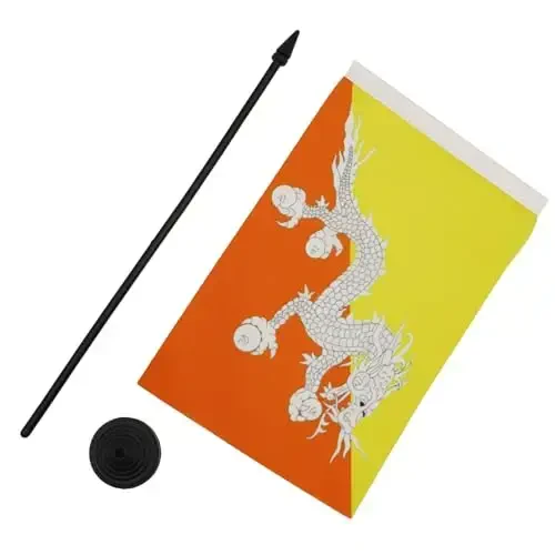 Bhutan Table Flag 5'' x 8'' - Bhutanese Desk Flag 21 x 14 cm. - Black plastic stick and base - AZ FLAG - 3