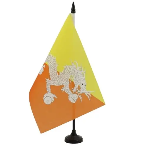 Bhutan Table Flag 5'' x 8'' - Bhutanese Desk Flag 21 x 14 cm. - Black plastic stick and base - AZ FLAG - 2