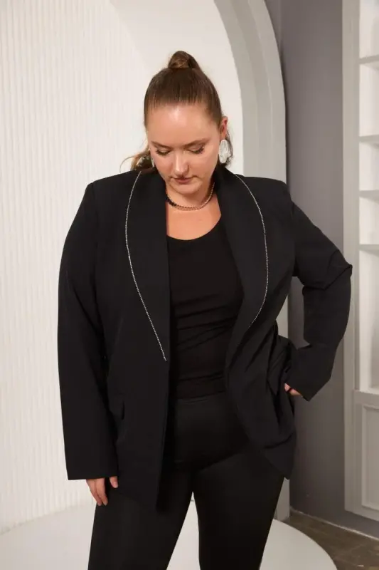 Bias Stone Detailed Plus Size Jacket Black - 4