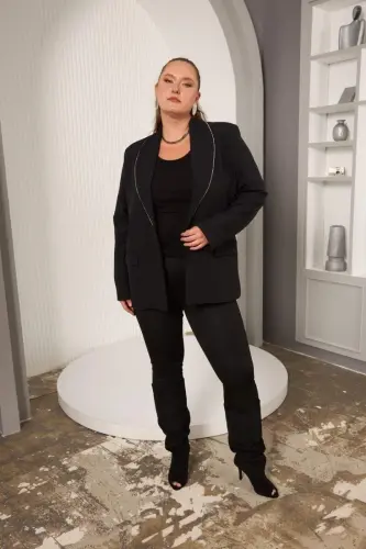 Bias Stone Detailed Plus Size Jacket Black - 6