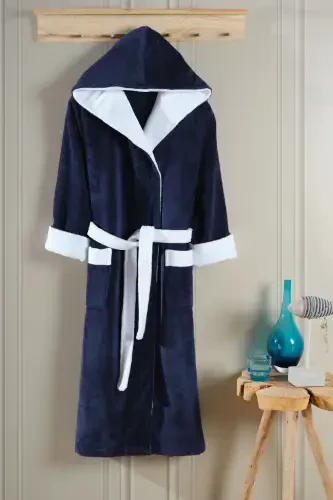 Bias Trim Hooded Bamboo Bathrobe-NAVY BLUE - 1