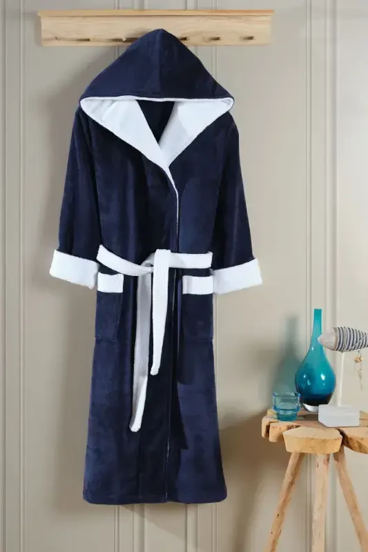 Bias Trim Hooded Bamboo Bathrobe-NAVY BLUE - 1