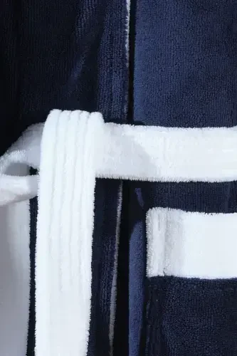 Bias Trim Hooded Bamboo Bathrobe-NAVY BLUE - 2