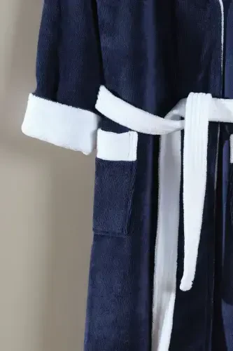 Bias Trim Hooded Bamboo Bathrobe-NAVY BLUE - 3