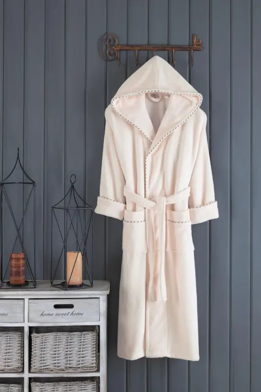 Bias Trim Hooded Bamboo Bathrobe-PEACH - VAROL