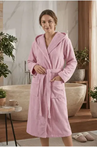 Bias Trim Hooded Bamboo Bathrobe-POWDER - VAROL (1)