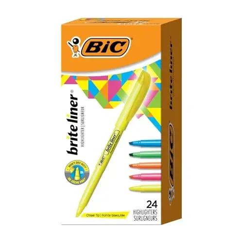 BIC Brite Liner Highlighters with Chisel Tip for Broad and Fine Lines, 24-Count Pack in Assorted Colors - BIC