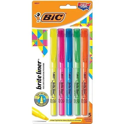 BIC Brite Liner Highlighters, Chisel Tip, 5-Count Pack of Highlighters Assorted Colors, Ideal Highlighter Set for Organizing and Coloring 
