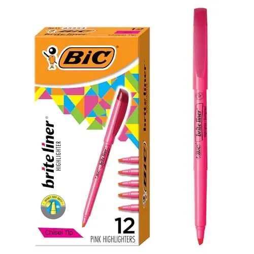 BIC Brite Liner Highlighters, Chisel Tip, 12-Count Pack of Pink Highlighters, Ideal Highlighter Set for Organizing and Coloring - 1