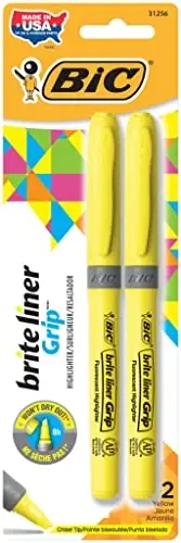 BIC Brite Liner Grip Highlighters, Chisel Tip (1.6 mm), Classic Yellow, 2-Count Pack, Best Highlighters for School Supplies and Office Supplies - 1