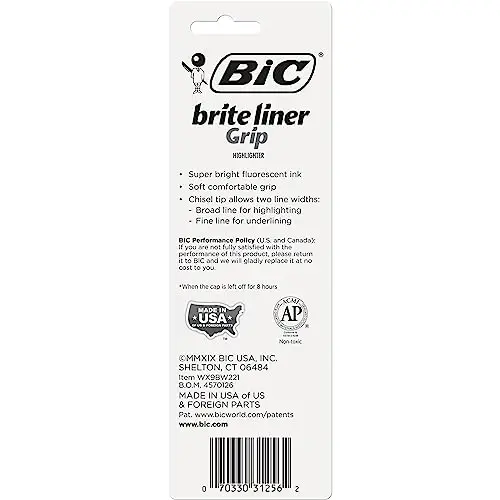 BIC Brite Liner Grip Highlighters, Chisel Tip (1.6 mm), Classic Yellow, 2-Count Pack, Best Highlighters for School Supplies and Office Supplies - BIC (1)