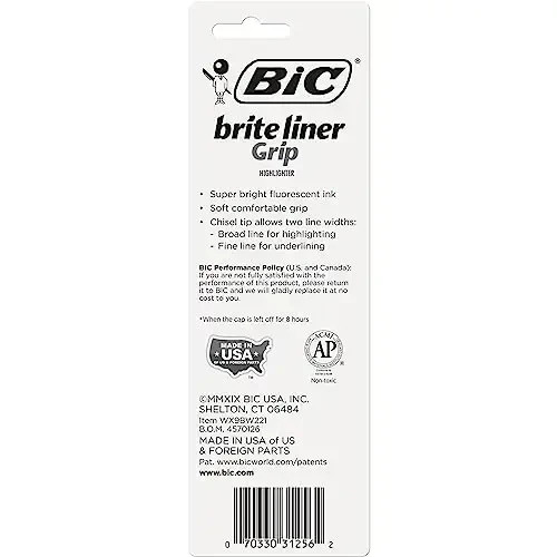BIC Brite Liner Grip Highlighters, Chisel Tip (1.6 mm), Classic Yellow, 2-Count Pack, Best Highlighters for School Supplies and Office Supplies - BIC (1)