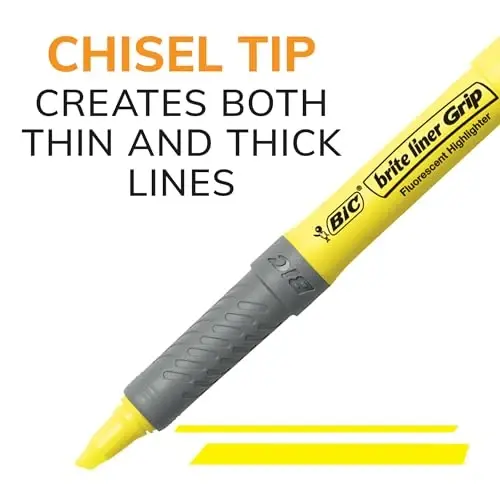 BIC Brite Liner Grip Highlighter, Chisel Tip (1.6 mm), Assorted Colors, For Broad Highlighting & Fine Underlining, 5-Count - 3