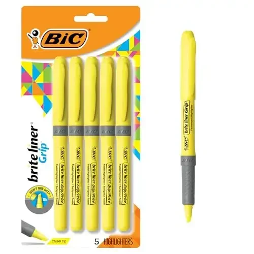 BIC Brite Liner Grip Highlighters, Chisel Tip, 5-Count Pack of Highlighters, Yellow, Organizing va bo'yash uchun ideal highlighterlar to'plami - BIC