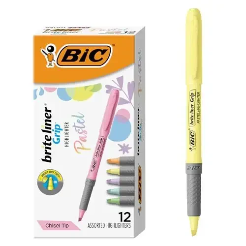 BIC Brite Liner Grip Pastel Highlighter Set, Chisel Tip, 12-Count Pack of Pastel Highlighters in Assorted Colors, Cute Highlighters for Bullet Journaling, Note Taking and More - BIC