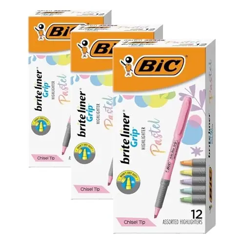BIC Brite Liner Grip Pastel Highlighter Set, Chisel Tip, 12-Count Pack of Pastel Highlighters in Assorted Colors, Cute Highlighters for Bullet Journaling, Note Taking and More (Pack of 3) - 1