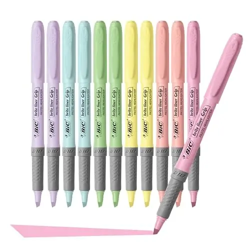 BIC Brite Liner Grip Pastel Highlighter Set, Chisel Tip, 12-Count Pack of Pastel Highlighters in Assorted Colors, Cute Highlighters for Bullet Journaling, Note Taking and More (Pack of 3) - 4