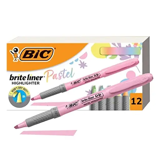 BIC Brite Liner Grip Pastel Highlighter Set, Chisel Tip, Pack of Pastel Highlighters in Assorted Colors (colors may vary), Cute Highlighters for Bullet Journaling, Note Taking and More (Pack of 18) - 1