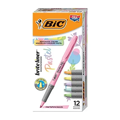 BIC Brite Liner Grip Pastel Highlighter Set, Chisel Tip, Pack of Pastel Highlighters in Assorted Colors (colors may vary), Cute Highlighters for Bullet Journaling, Note Taking and More (Pack of 18) - BIC (1)