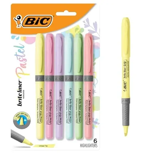 BIC Brite Liner Grip Pocket Highlighter, Assorted Ink Colors, Chisel Tip, Assorted Barrel Colors, 6/pack - 1