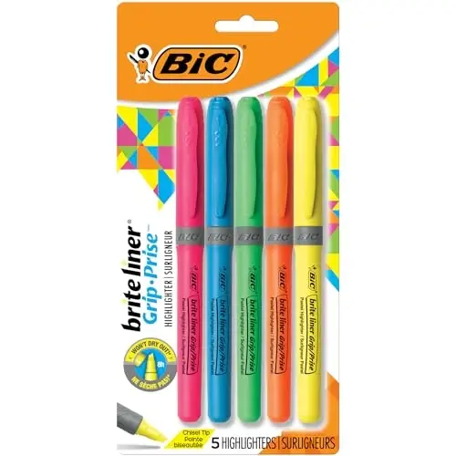 BIC Brite Liner Grip Highlighter, Chisel Tip (1.6 mm), Assorted Colors, For Broad Highlighting & Fine Underlining, 5-Count - 1