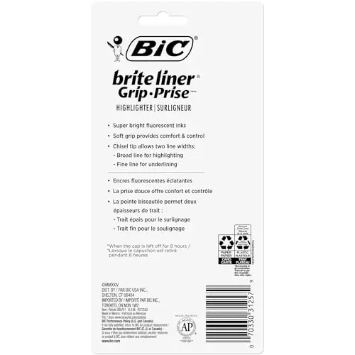BIC Brite Liner Grip Highlighter, Chisel Tip (1.6 mm), Assorted Colors, For Broad Highlighting & Fine Underlining, 5-Count - 2