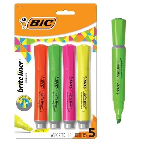 BIC Brite Liner Grip XL Highlighters, Chisel Tip, 4-Count Pack of Assorted Highlighters, Ideal Highlighter Set for Organizing and Coloring - BIC