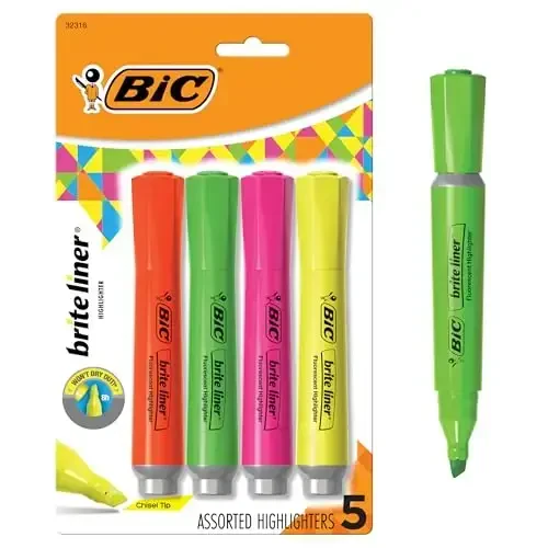 BIC Brite Liner Grip XL Highlighters, Chisel Tip, 4-Count Pack of Assorted Highlighters, Ideal Highlighter Set for Organizing and Coloring - 1