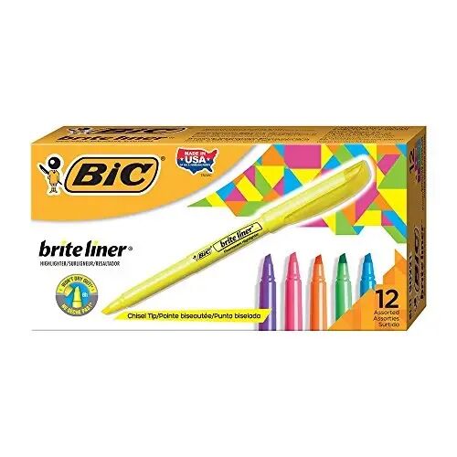 BIC Brite Liner Highlighter, Chisel Tip For Broad Highlighting and Fine Underlining, Assorted Colors, 12-Count (Pack of 18, 216 Count Total) - 1