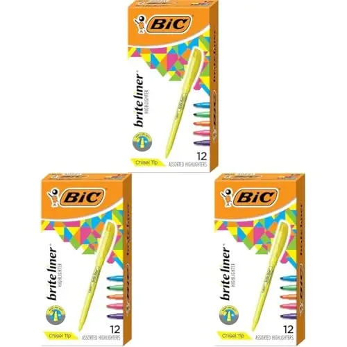 BIC Brite Liner Highlighters, Chisel Tip, 12-Count Pack of Highlighters Assorted Colors, Ideal Highlighter Set for Organizing and Coloring (Pack of 3) - 1
