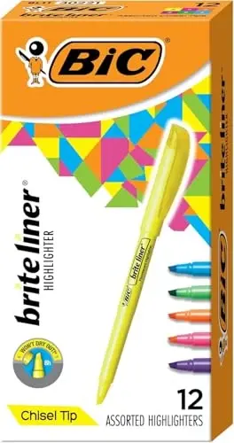 BIC Brite Liner Highlighters, Chisel Tip, 12-Count Pack of Highlighters Assorted Colors, Ideal Highlighter Set for Organizing and Coloring - BIC