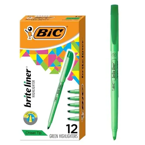 BIC Brite Liner Highlighters, Chisel Tip, 12 ta yashil rangli markerlar to'plami, tashkil qilish va rang berish uchun ideal markerlar to'plami - 1