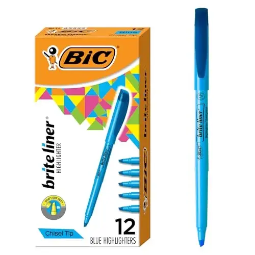 BIC Brite Liner Highlighters, Chisel Tip, 12 talikli Moviy Markerlar to'plami, Tashkil qilish va Rang berish uchun ideal Markerlar to'plami - BIC