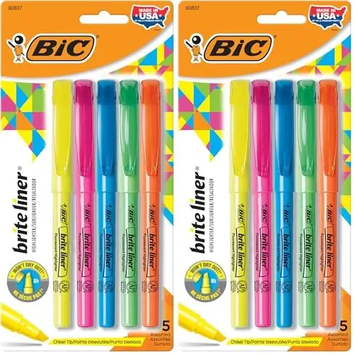 BIC Brite Liner Highlighters, Chisel Tip, 5-Count | Assorted Colors | Pack of 2 