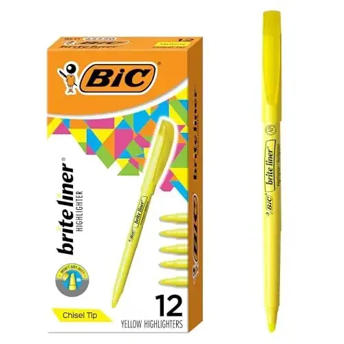 BIC Brite Liner Highlighters, Qirrali uchi, 12 dona sariq rangli markerlar to'plami, tashkil qilish va rang berish uchun ideal markerlar to'plami - 1
