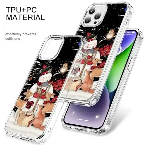 bicol Case for iPhone 15 Pro Max with Screen Protector, Enhanced Camera Protection - Wireless Charging - Slim Shockproof Protective Acrylic Clear Cover for Women Girls- Snowman with Deer - 3