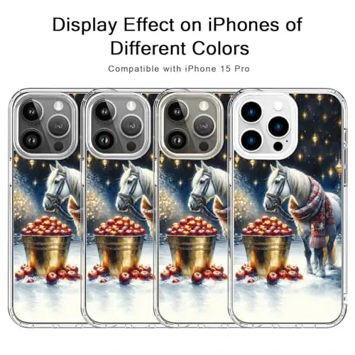 bicol Case for iPhone 15 Pro with Screen Protector, Enhanced Camera Protection - Wireless Charging - Slim Shockproof Protective Acrylic Clear Cover for Women Girls - Christmas Horse - 5