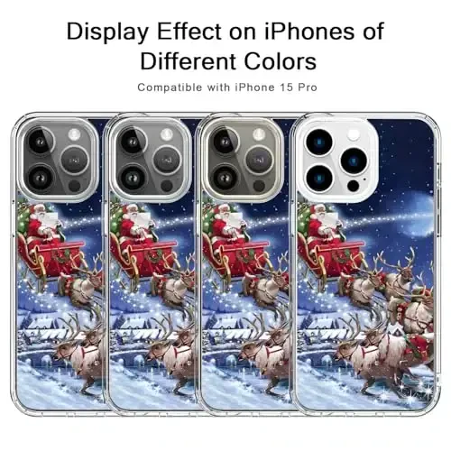 bicol Case for iPhone 15 Pro with Screen Protector, Enhanced Camera Protection - Wireless Charging - Slim Shockproof Protective Acrylic Clear Cover for Women Girls - Santa Sleigh - 5