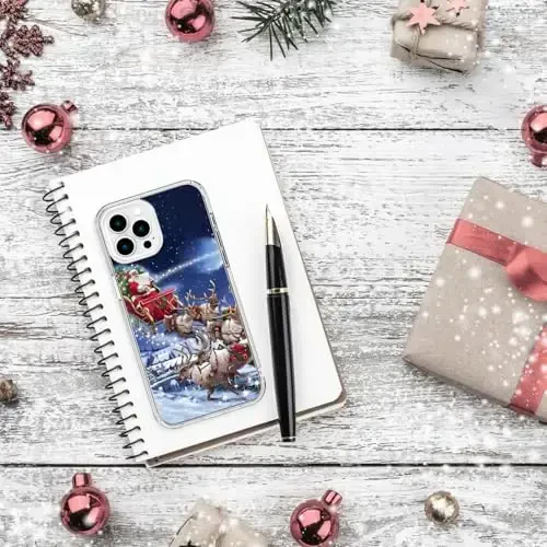 bicol Case for iPhone 15 Pro with Screen Protector, Enhanced Camera Protection - Wireless Charging - Slim Shockproof Protective Acrylic Clear Cover for Women Girls - Santa Sleigh - 6