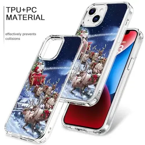 bicol Christmas Phone Case for iPhone 15 Plus with Screen Protector, Enhanced Camera Protection - Wireless Charging - Slim Shockproof Protective Acrylic Clear Cover for Women Girls - Santa Sleigh - 3
