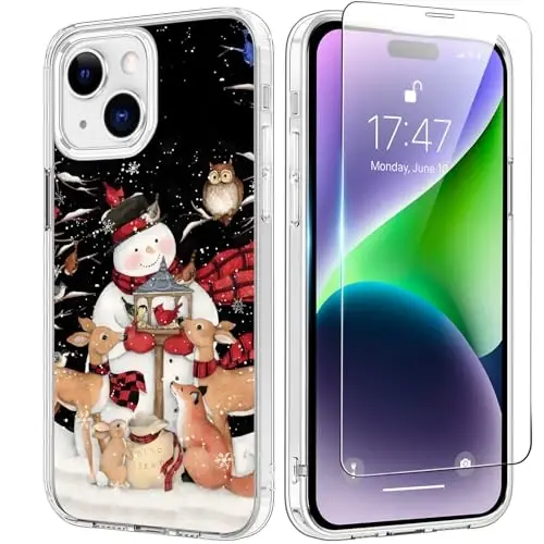 bicol Christmas Phone Case for iPhone 15 with Screen Protector, Enhanced Camera Protection - Wireless Charging - Slim Shockproof Protective Acrylic Clear Cover for Women Girls - Snowman with Deer 