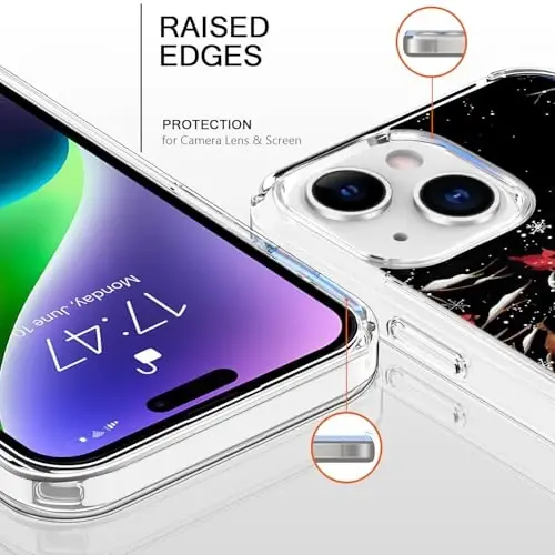 bicol Christmas Phone Case for iPhone 15 with Screen Protector, Enhanced Camera Protection - Wireless Charging - Slim Shockproof Protective Acrylic Clear Cover for Women Girls - Snowman with Deer - 2