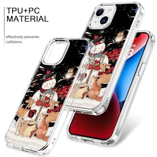 bicol Christmas Phone Case for iPhone 15 with Screen Protector, Enhanced Camera Protection - Wireless Charging - Slim Shockproof Protective Acrylic Clear Cover for Women Girls - Snowman with Deer - 3