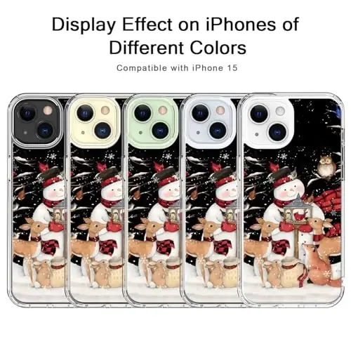 bicol Christmas Phone Case for iPhone 15 with Screen Protector, Enhanced Camera Protection - Wireless Charging - Slim Shockproof Protective Acrylic Clear Cover for Women Girls - Snowman with Deer - 5