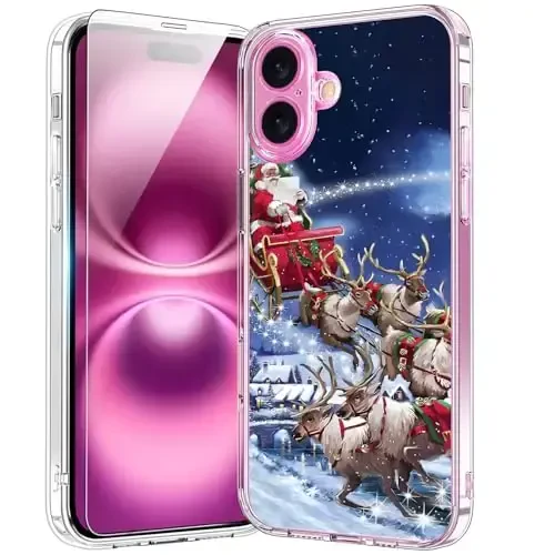 bicol Christmas Phone Case for iPhone 16 Plus with Screen Protector, Enhanced Camera Protection - Wireless Charging - Slim Shockproof Protective Acrylic Clear Cover for Women Girls - Santa Sleigh 