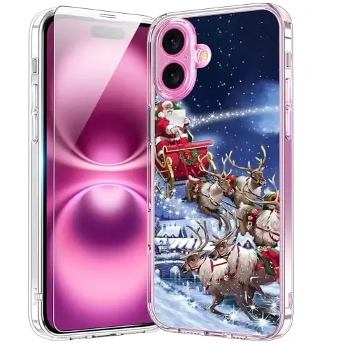 bicol Christmas Phone Case for iPhone 16 Plus with Screen Protector, Enhanced Camera Protection - Wireless Charging - Slim Shockproof Protective Acrylic Clear Cover for Women Girls - Santa Sleigh - 1