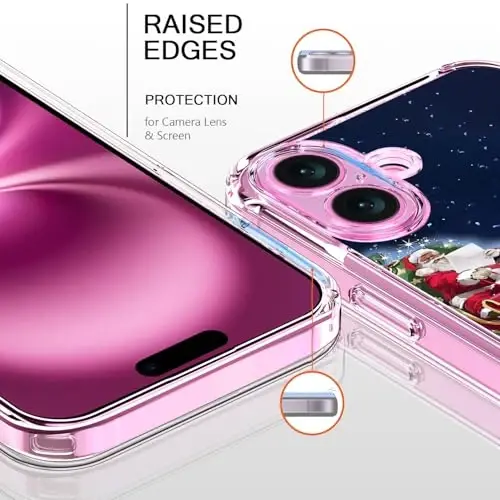 bicol Christmas Phone Case for iPhone 16 Plus with Screen Protector, Enhanced Camera Protection - Wireless Charging - Slim Shockproof Protective Acrylic Clear Cover for Women Girls - Santa Sleigh - 2